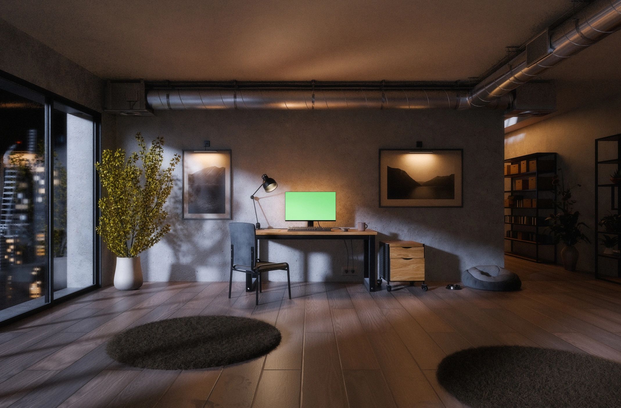 Modern gaming-inspired desk setup with monitor and workspace